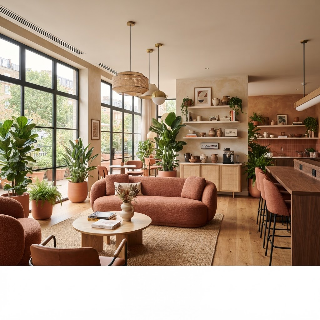 Warmly lit shared workspace lounge with plants and soft seating